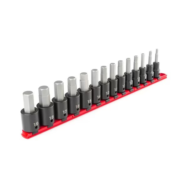 1/2 Inch Drive Hex Impact Bit Socket Set with Rail, 14-Piece (6-19 mm), Tekton, Mfr#: SIB92101